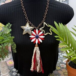 👑Adorned Crown Jewelry Stars and Stripes forever enamel heart tassel necklace